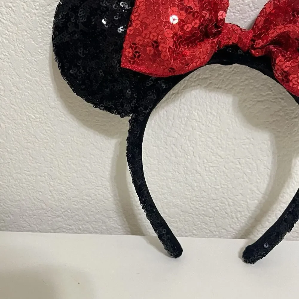Disney Parks Minnie Mouse Black Sequin Red Bow Sequin Ears Headband